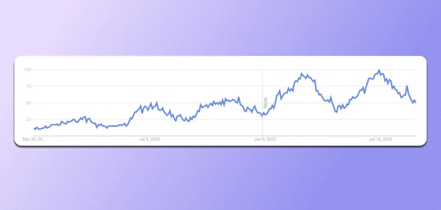 Verloop van het zoekvolume op “e-bikes” in de VS Google Trends toont toegenomen interesse in "e-bikes" tussen 2019 en 2024.