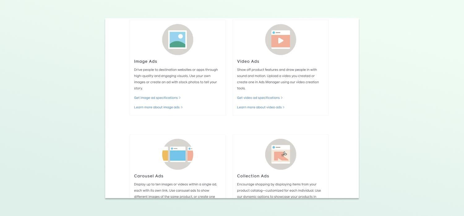 De pagina met Facebook-advertentiespecificaties bevat links naar specificaties voor verschillende advertentietypes.