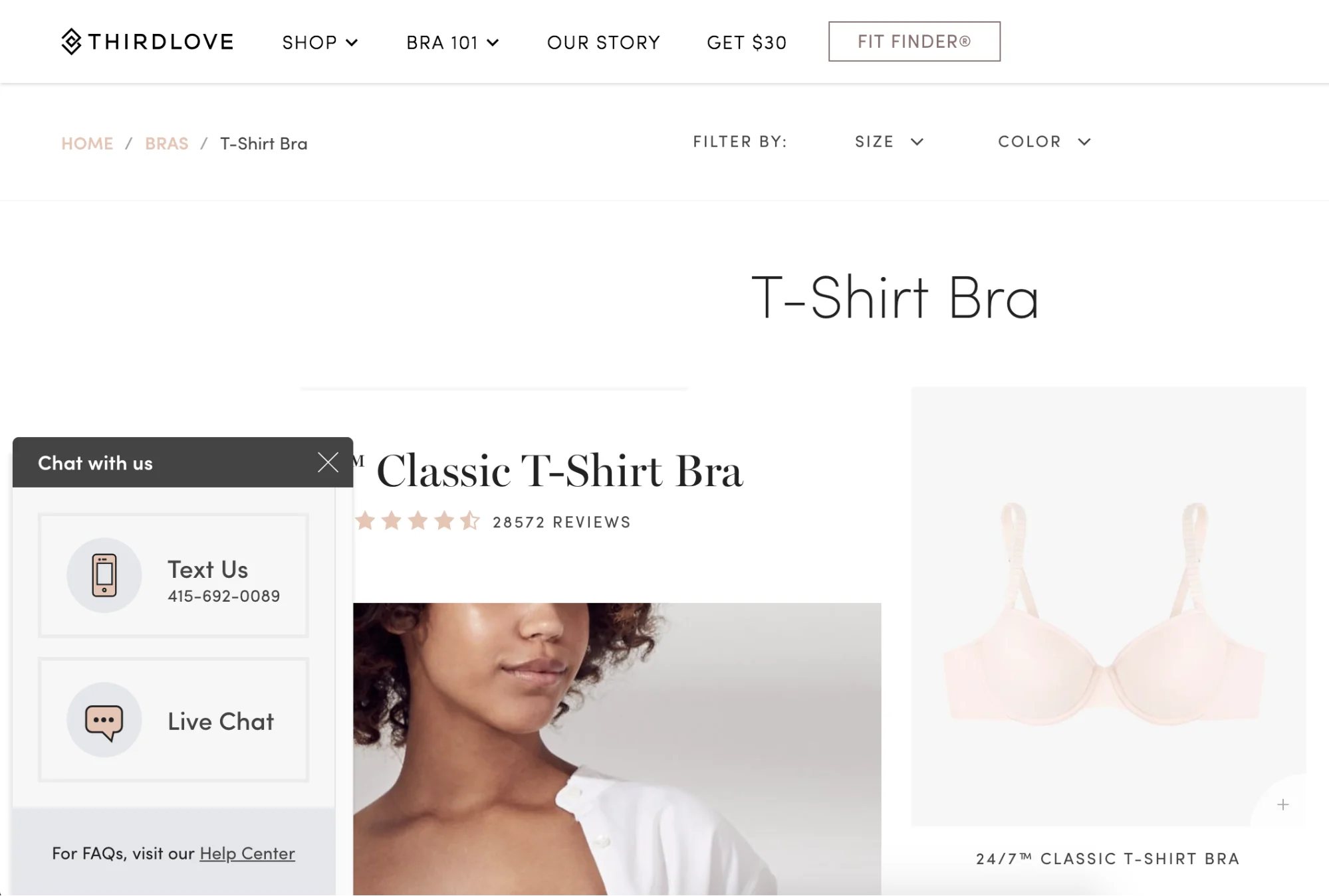 THIRDLOVE产品页面突出客服功能