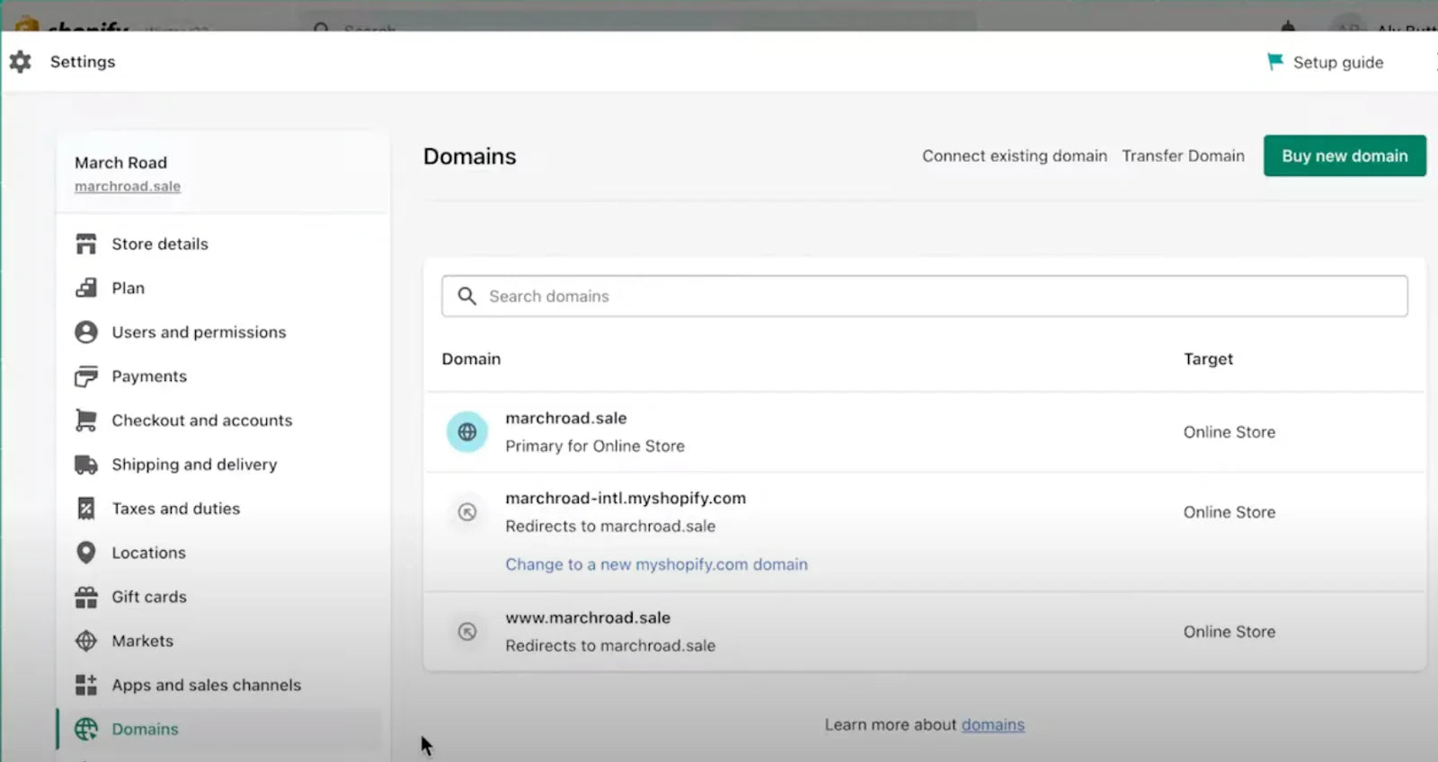 Shopify管理后台设置域名的界面。