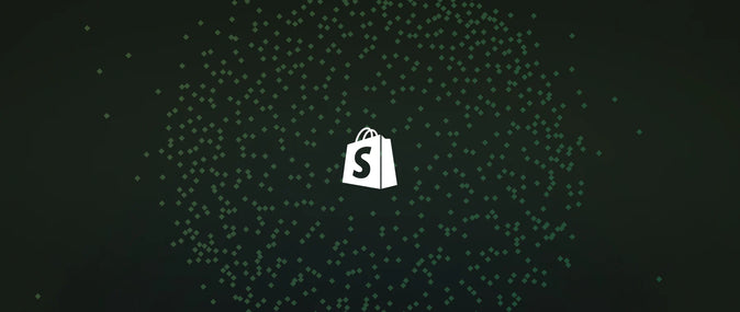 A white shopify logo on a black background with dark green pixelated squares.