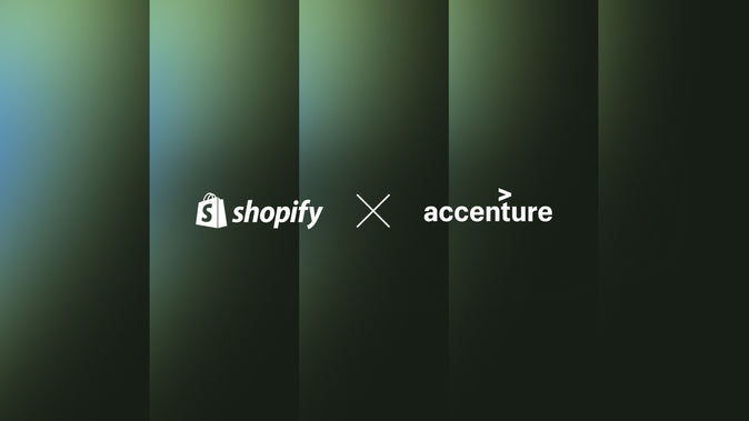 A logo lock up with Shopify and Accenture on a green gradient background.