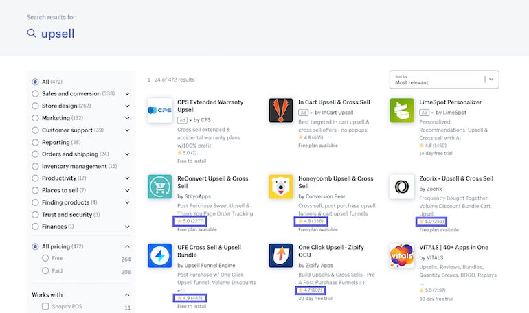App installs: Screenshot of top upsell apps with their ranking and number of reviews highlighted.