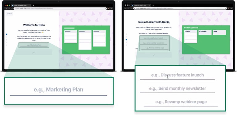 App onboarding: Two screenshots of Trello, showing that if you indicate that you are interested in Trello for marketing, the default text that Trello uses is marketing related. Cards are labelled, "Discuss feature launch," "Send monthly newsletter," and "Revamp webinar page."