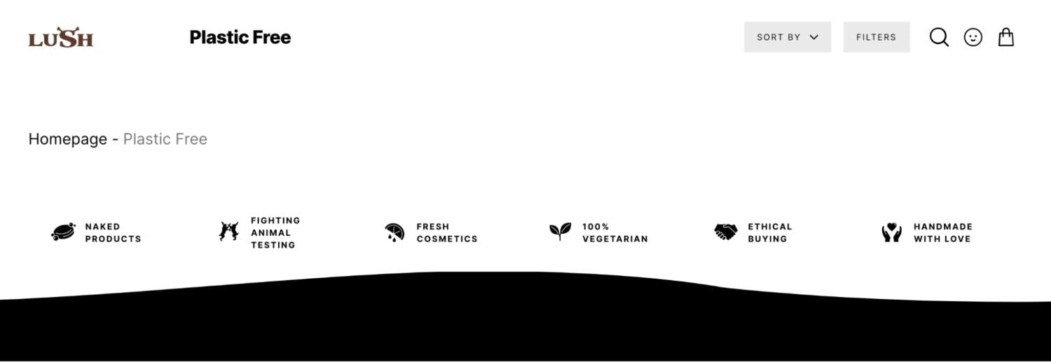 Linha de valores da LUSH incluindo sem testes em animais e cosméticos feitos à mão.