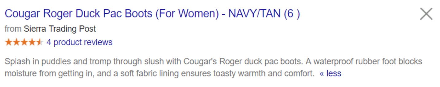 Search result showing Cougar Roger Duck Pac Boots for women, waterproof with a soft fabric lining.