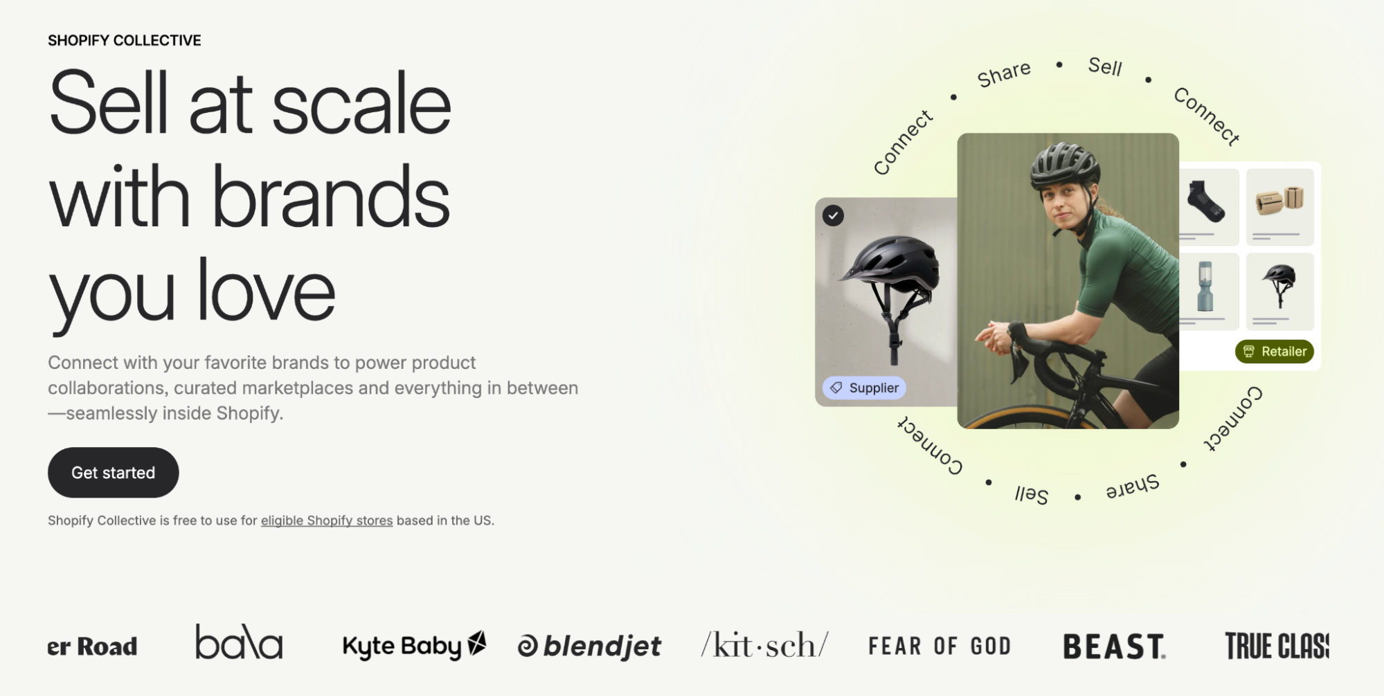 Shopify Collective homepage with tagline sell at scale with brands you love