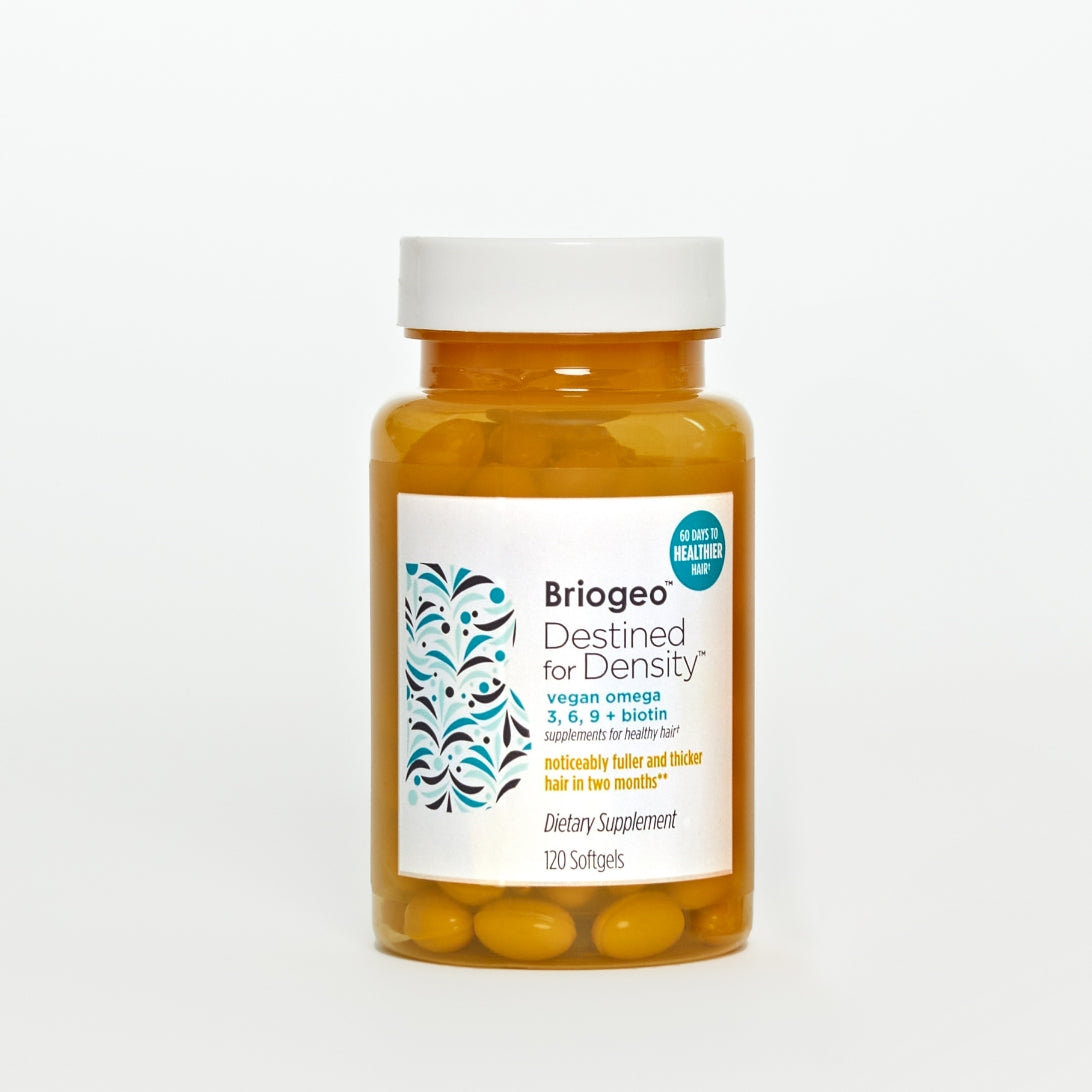 Bottle of Destined for Density supplements on white background with instructions to Rinse cap and bottle and recycle at home, remove seal and discard.