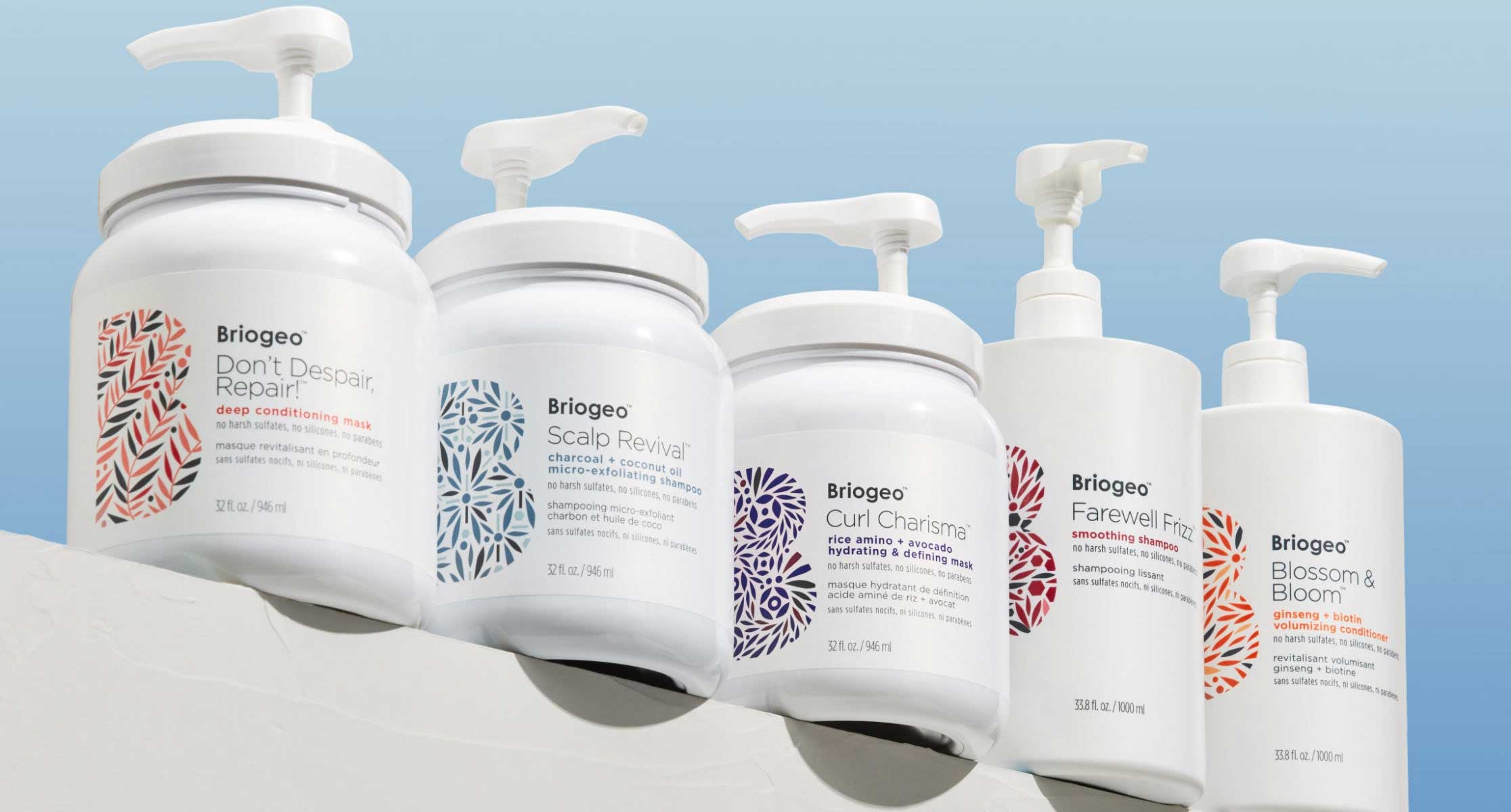 Jumbo-sized shampoo, conditioner, and hair mask lined up against a blue background with instructions to Remove pump and discard. Remove label and discard. Rinse bottle and recycle at home.