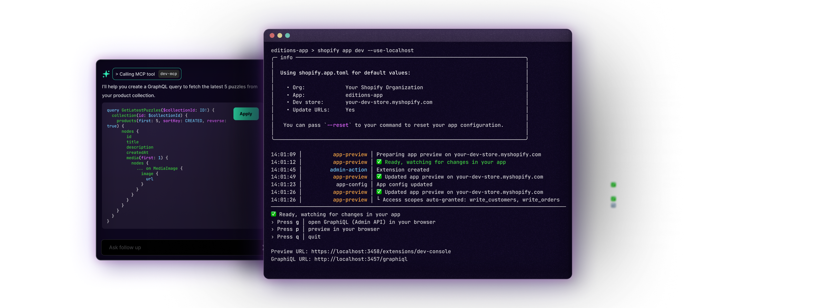 Three windows of code, one showing a GraphQL query, and another using localhost. The last window is blurred in the background of the image.