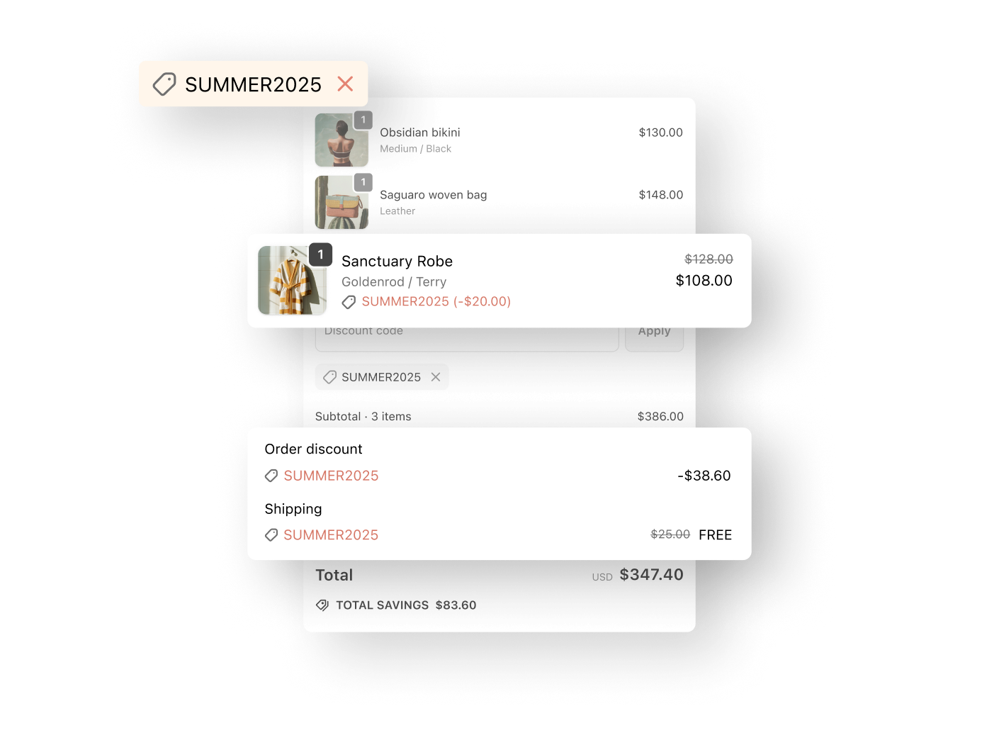 A single SUMMER2025 discount is applied in checkout, giving the customer 20% off the product they are purchasing, and also entitling them to free shipping.