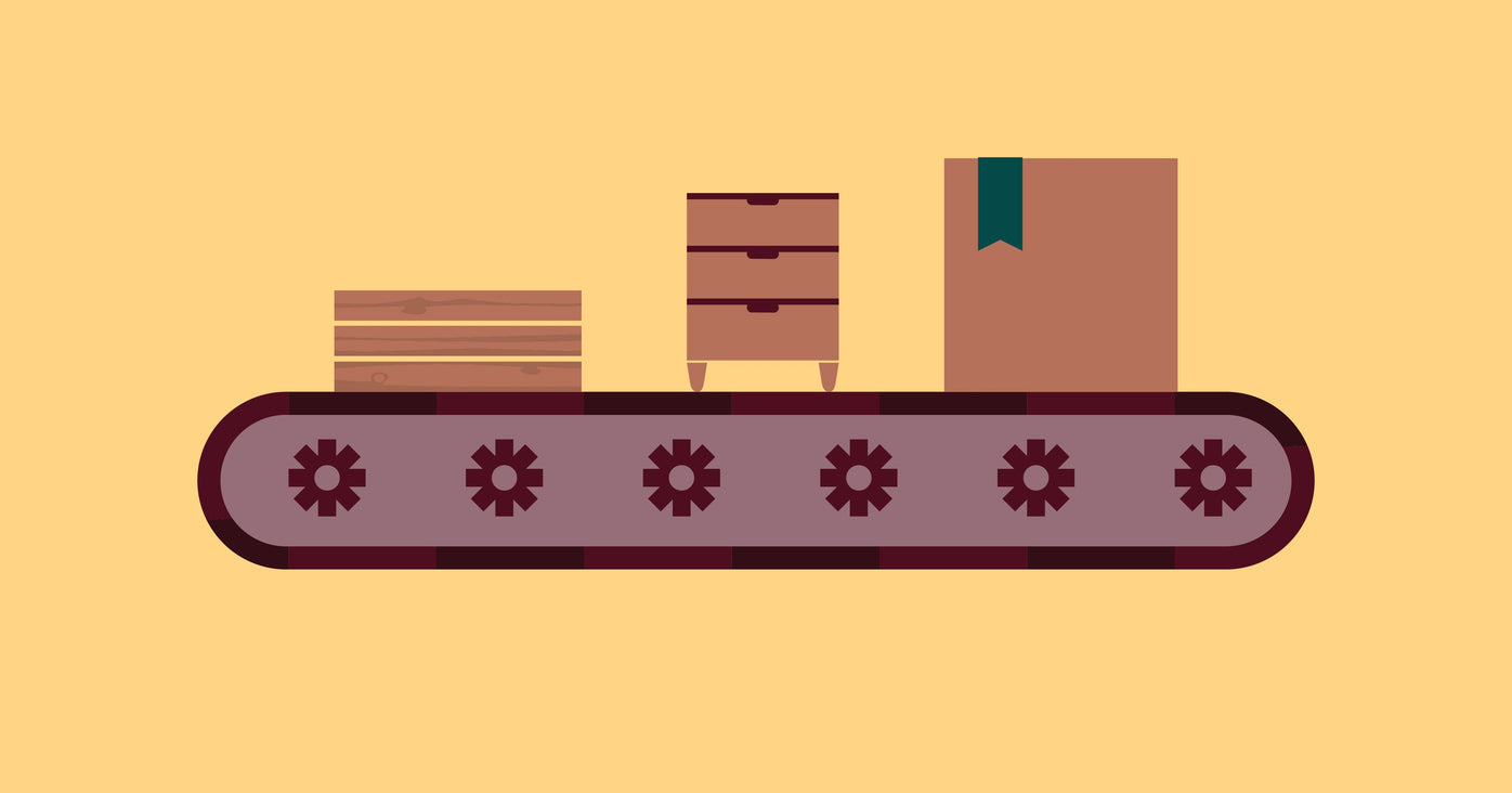 furniture, including a chest of drawers on a conveyor belt: work in process inventory.