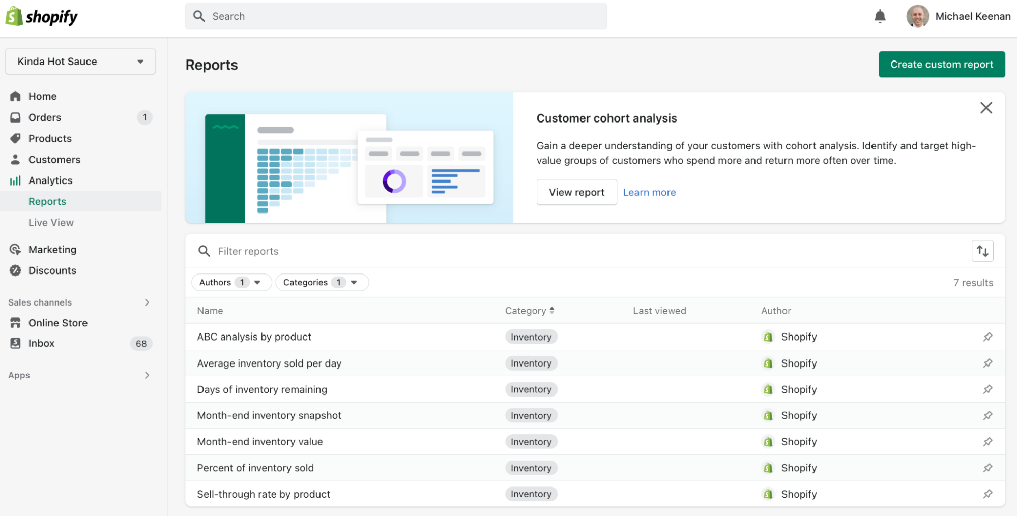 Screenshot of Shopify admin dashboard showing inventory reports