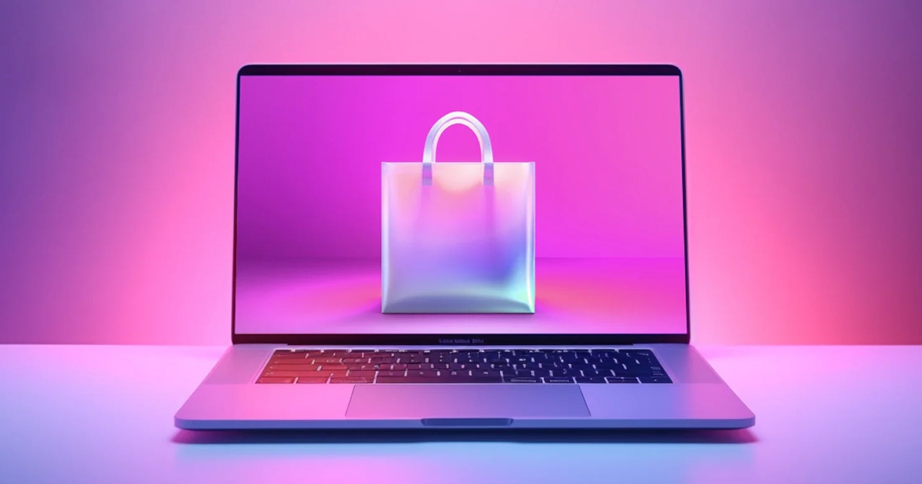 Laptop mit geöffneter Bildschirmansicht, auf dem eine schimmernde Einkaufstasche angezeigt wird.