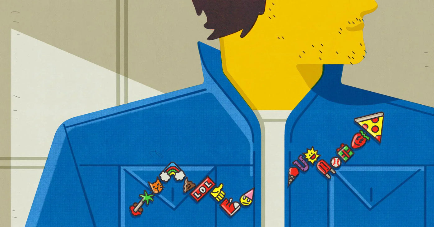 Illustration eines Mannes, der eine Jeansjacke mit vielen Emaille-Pins trägt, illustriert das Thema Emaille-Pins selber machen.
