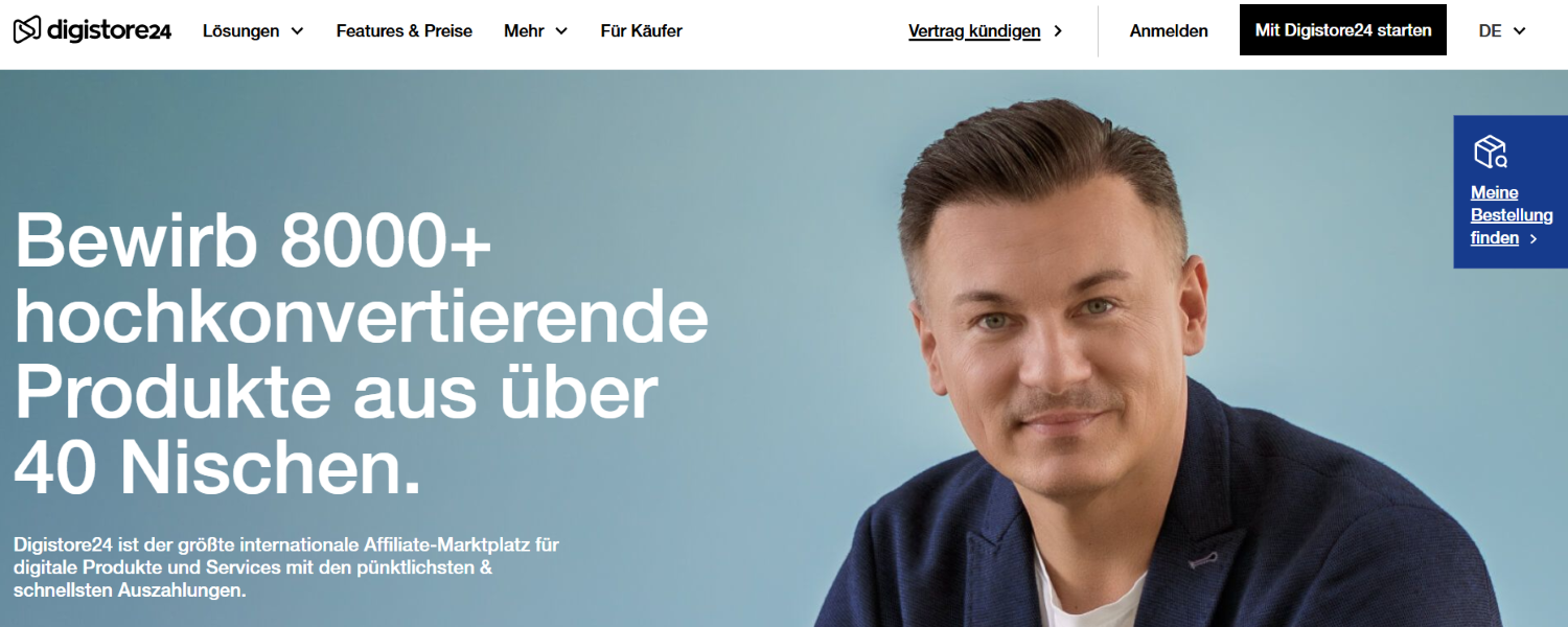 Das Bild zeigt die Webseite von Digistore24 mit einer Werbebotschaft für über 8000 hochkonvertierende Produkte in mehr als 40 Nischen, begleitet von einem Porträt eines Mannes vor einem blauen Hintergrund.