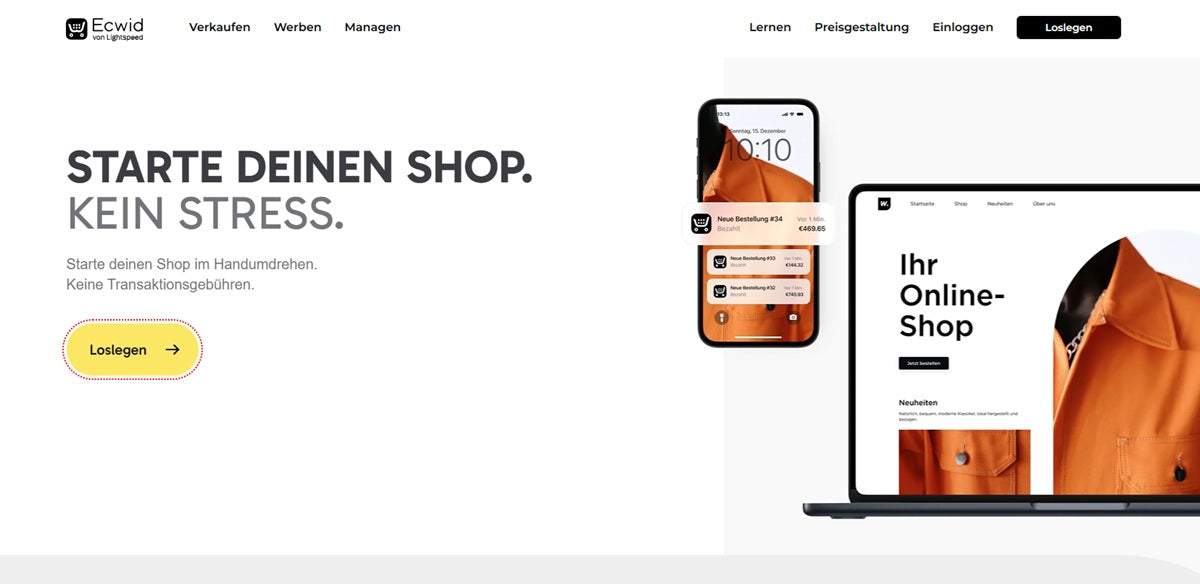 Werbegrafik von Ecwid zur stressfreien Erstellung eines Online-Shops ohne Transaktionsgebühren.